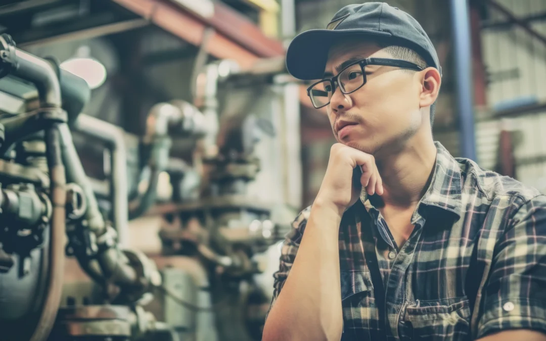 Pekerja memikirkan solusi produktivitas manufaktur