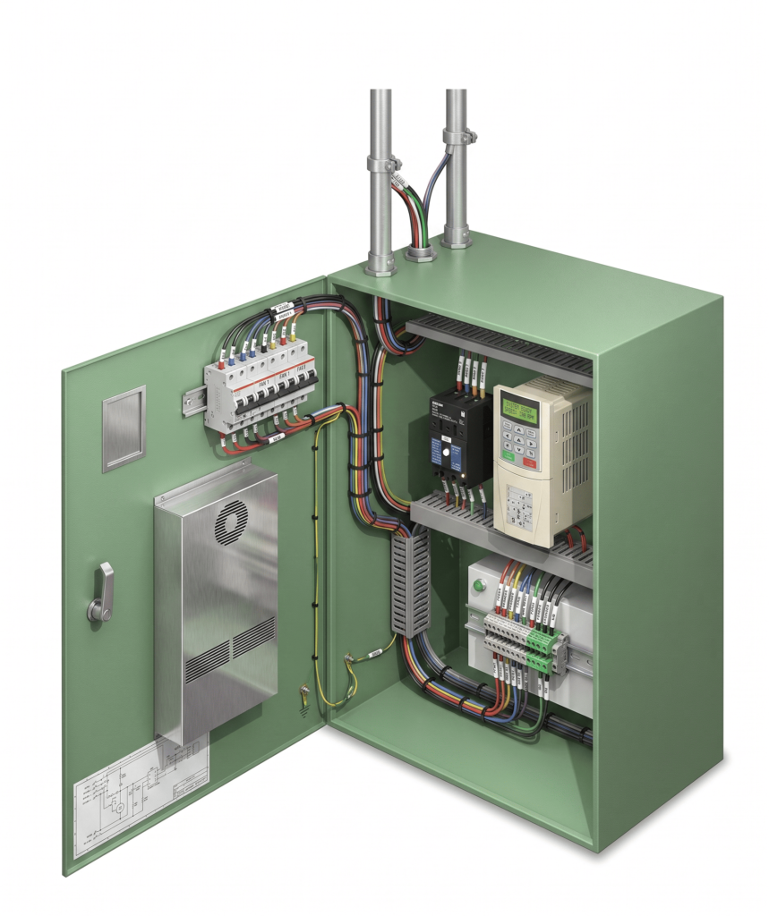 cara kerja heat exchanger jenis ini adalah dengan menempel pada pintu panel kontrol untuk memindahkan suhu sekitar panel ke dalam panel.