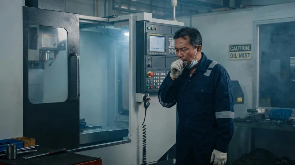 Salah satu dampak kabut minyak jika terhirup adalah gangguan pernapasan pada pekerja di sekitarnya.