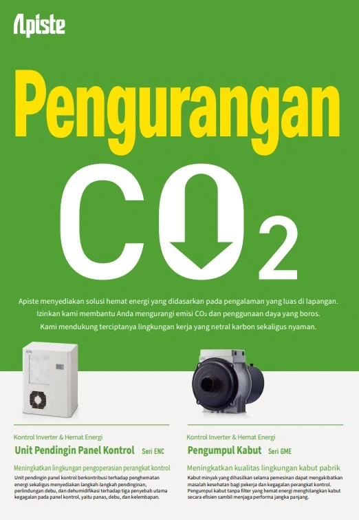 Infografis pengurangan co2 oleh ac panel dan oil mist collector apiste